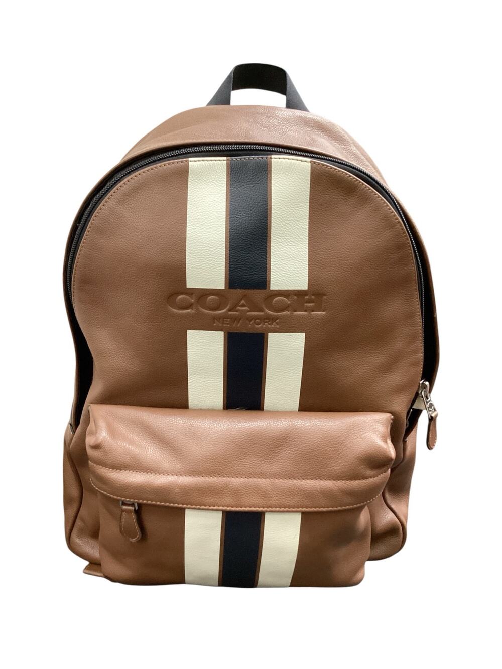 Coach Backpack Large Varsity Stripe Leather Backpack Two Compartments Brown